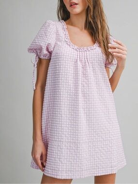 Endless Blu Pink White Gingham Puff Tie Sleeve Ruffle Babydoll Mini Dress NWT S